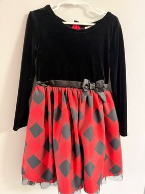 Girls' Black Velvet Bodice Red & Black Plaid Party Dress with Bow